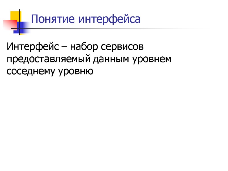 Понятие интерфейса Интерфейс – набор сервисов предоставляемый данным уровнем соседнему уровню